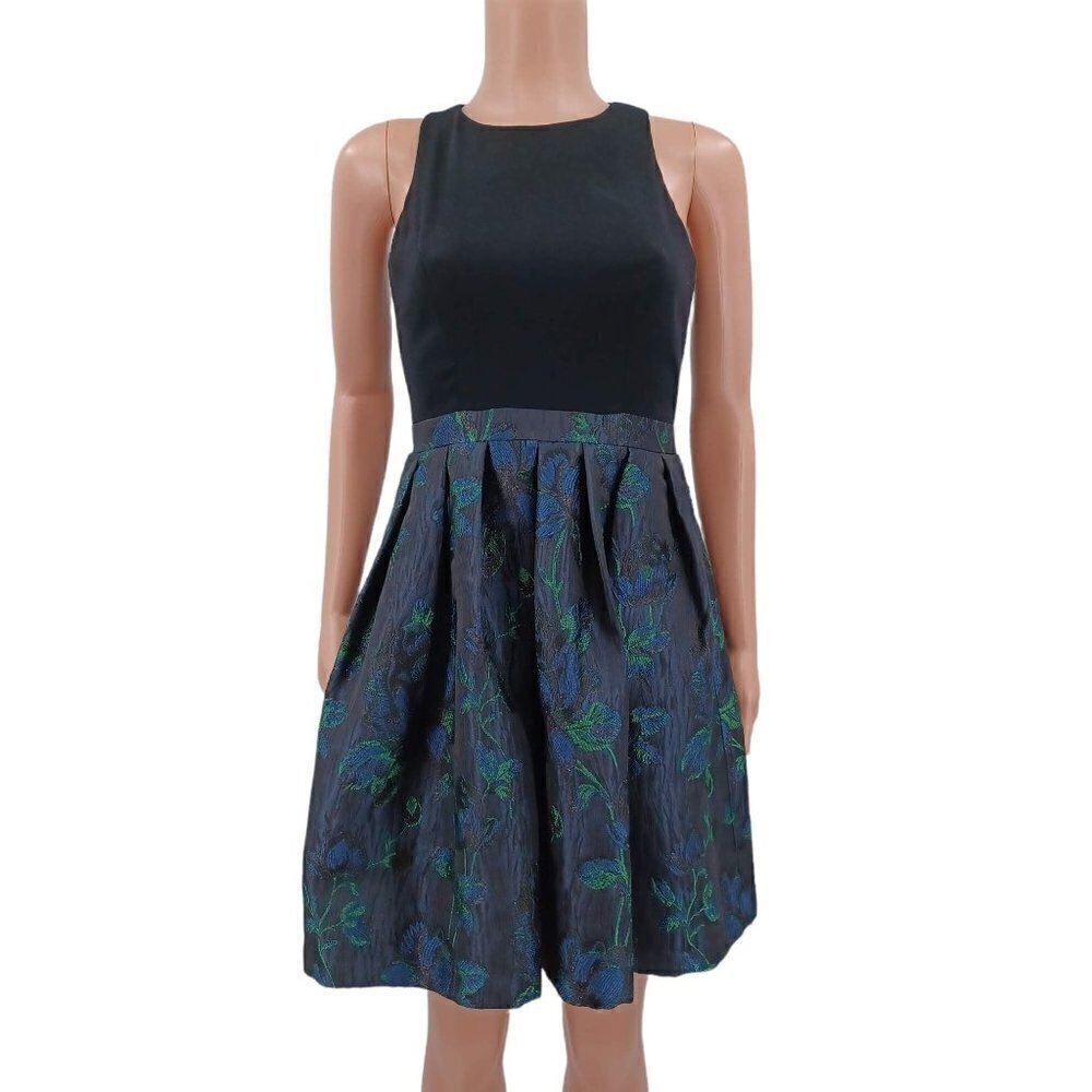 Aidan Mattox Floral Jacquard Dress Black & Green Women's 2 Fit & Flare Party